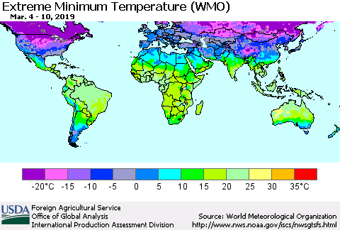 World Minimum Daily Temperature (WMO) Thematic Map For 3/4/2019 - 3/10/2019