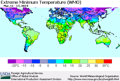 World Minimum Daily Temperature (WMO) Thematic Map For 3/11/2019 - 3/17/2019