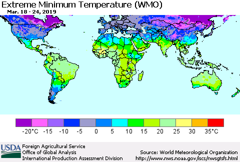 World Minimum Daily Temperature (WMO) Thematic Map For 3/18/2019 - 3/24/2019