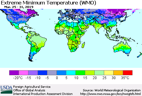World Minimum Daily Temperature (WMO) Thematic Map For 3/25/2019 - 3/31/2019