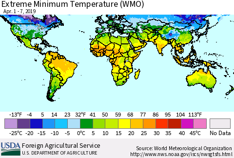 World Minimum Daily Temperature (WMO) Thematic Map For 4/1/2019 - 4/7/2019