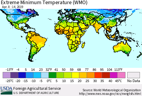World Minimum Daily Temperature (WMO) Thematic Map For 4/8/2019 - 4/14/2019