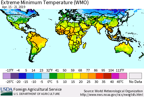 World Minimum Daily Temperature (WMO) Thematic Map For 4/15/2019 - 4/21/2019