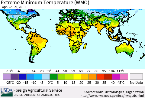 World Minimum Daily Temperature (WMO) Thematic Map For 4/22/2019 - 4/28/2019