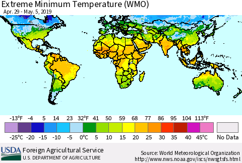 World Minimum Daily Temperature (WMO) Thematic Map For 4/29/2019 - 5/5/2019