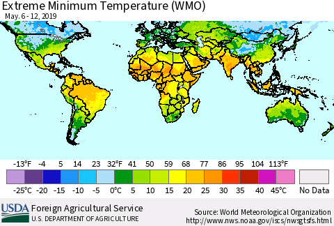 World Minimum Daily Temperature (WMO) Thematic Map For 5/6/2019 - 5/12/2019