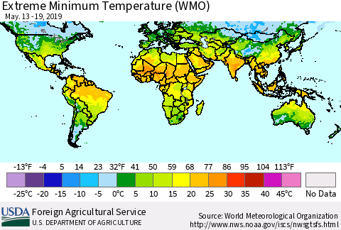 World Minimum Daily Temperature (WMO) Thematic Map For 5/13/2019 - 5/19/2019