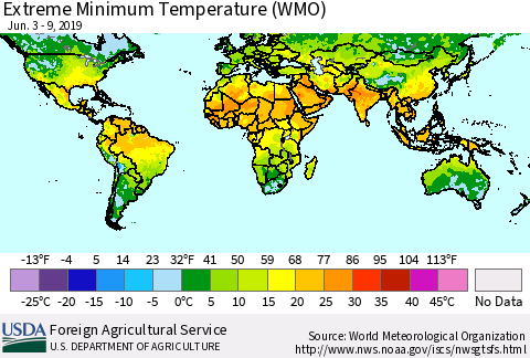 World Minimum Daily Temperature (WMO) Thematic Map For 6/3/2019 - 6/9/2019