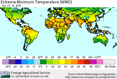 World Minimum Daily Temperature (WMO) Thematic Map For 6/10/2019 - 6/16/2019