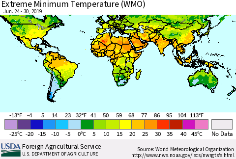 World Minimum Daily Temperature (WMO) Thematic Map For 6/24/2019 - 6/30/2019