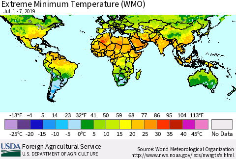 World Minimum Daily Temperature (WMO) Thematic Map For 7/1/2019 - 7/7/2019