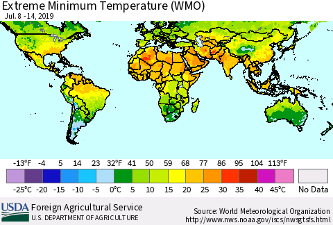 World Minimum Daily Temperature (WMO) Thematic Map For 7/8/2019 - 7/14/2019