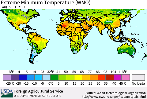 World Minimum Daily Temperature (WMO) Thematic Map For 8/5/2019 - 8/11/2019