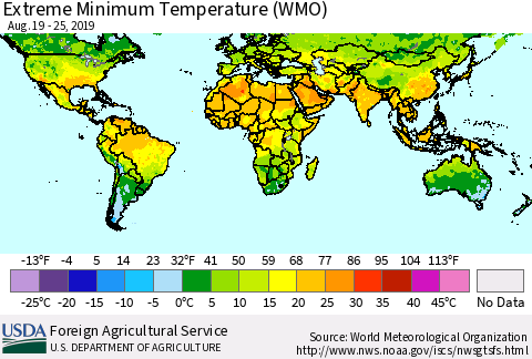 World Minimum Daily Temperature (WMO) Thematic Map For 8/19/2019 - 8/25/2019