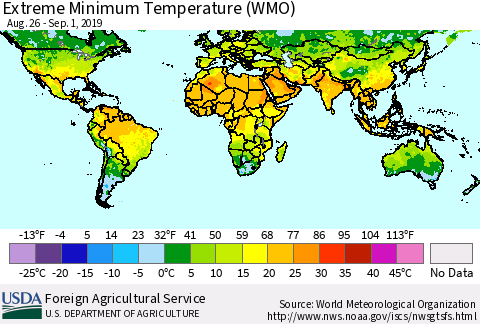 World Minimum Daily Temperature (WMO) Thematic Map For 8/26/2019 - 9/1/2019