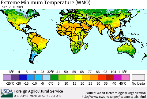 World Minimum Daily Temperature (WMO) Thematic Map For 9/2/2019 - 9/8/2019