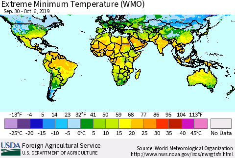 World Minimum Daily Temperature (WMO) Thematic Map For 9/30/2019 - 10/6/2019