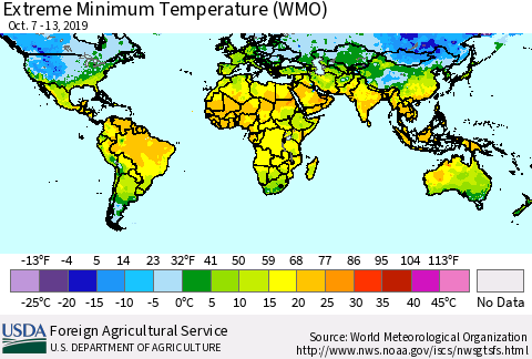 World Minimum Daily Temperature (WMO) Thematic Map For 10/7/2019 - 10/13/2019