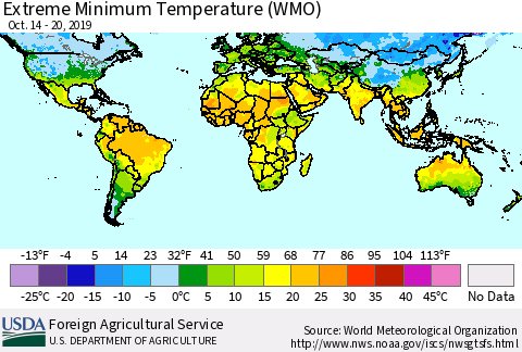 World Minimum Daily Temperature (WMO) Thematic Map For 10/14/2019 - 10/20/2019