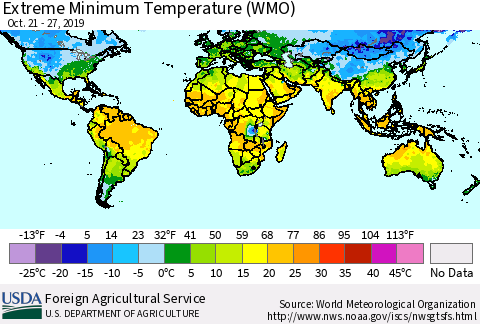 World Minimum Daily Temperature (WMO) Thematic Map For 10/21/2019 - 10/27/2019