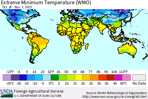 World Minimum Daily Temperature (WMO) Thematic Map For 10/28/2019 - 11/3/2019