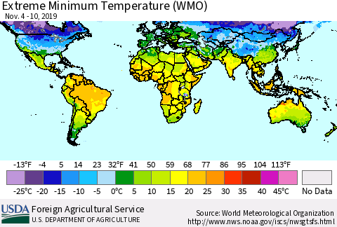World Minimum Daily Temperature (WMO) Thematic Map For 11/4/2019 - 11/10/2019