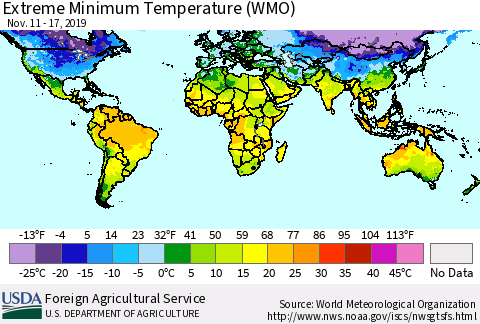 World Minimum Daily Temperature (WMO) Thematic Map For 11/11/2019 - 11/17/2019