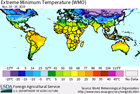World Minimum Daily Temperature (WMO) Thematic Map For 11/18/2019 - 11/24/2019
