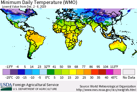 World Minimum Daily Temperature (WMO) Thematic Map For 12/2/2019 - 12/8/2019