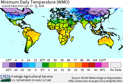 World Minimum Daily Temperature (WMO) Thematic Map For 1/13/2020 - 1/19/2020