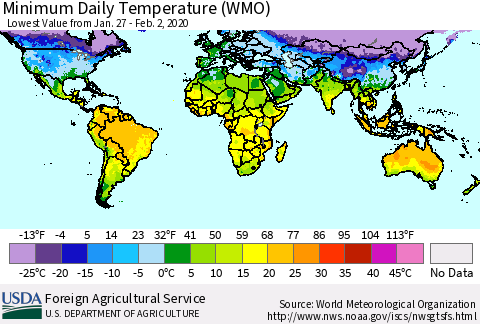 World Minimum Daily Temperature (WMO) Thematic Map For 1/27/2020 - 2/2/2020