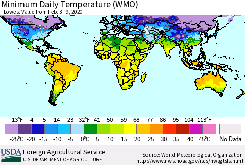 World Minimum Daily Temperature (WMO) Thematic Map For 2/3/2020 - 2/9/2020
