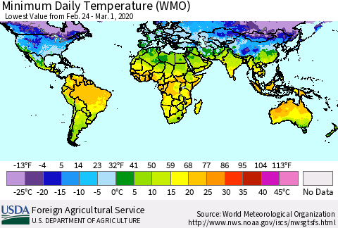 World Minimum Daily Temperature (WMO) Thematic Map For 2/24/2020 - 3/1/2020