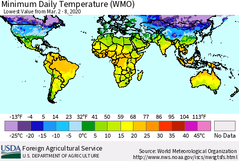 World Minimum Daily Temperature (WMO) Thematic Map For 3/2/2020 - 3/8/2020