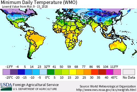 World Minimum Daily Temperature (WMO) Thematic Map For 3/9/2020 - 3/15/2020