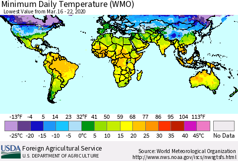 World Minimum Daily Temperature (WMO) Thematic Map For 3/16/2020 - 3/22/2020