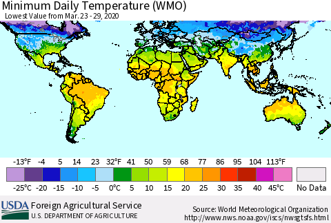 World Minimum Daily Temperature (WMO) Thematic Map For 3/23/2020 - 3/29/2020
