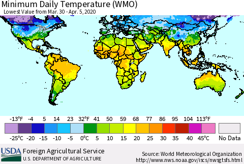 World Minimum Daily Temperature (WMO) Thematic Map For 3/30/2020 - 4/5/2020