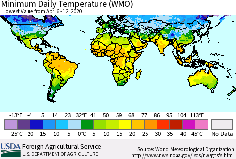 World Minimum Daily Temperature (WMO) Thematic Map For 4/6/2020 - 4/12/2020