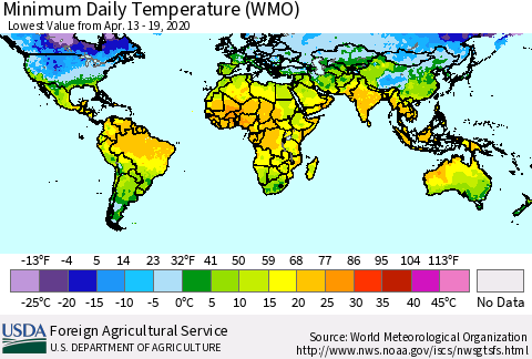 World Minimum Daily Temperature (WMO) Thematic Map For 4/13/2020 - 4/19/2020