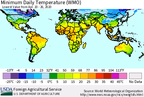 World Minimum Daily Temperature (WMO) Thematic Map For 4/20/2020 - 4/26/2020