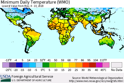World Minimum Daily Temperature (WMO) Thematic Map For 5/4/2020 - 5/10/2020