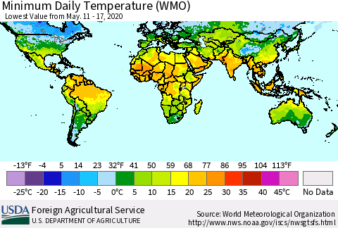 World Minimum Daily Temperature (WMO) Thematic Map For 5/11/2020 - 5/17/2020