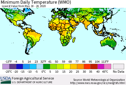 World Minimum Daily Temperature (WMO) Thematic Map For 5/18/2020 - 5/24/2020