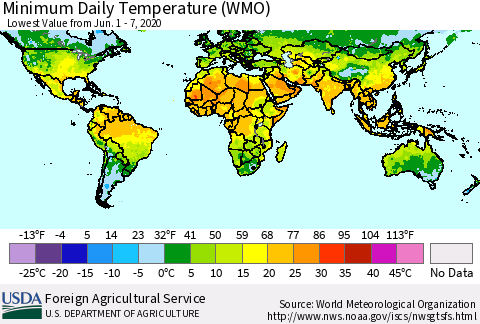World Minimum Daily Temperature (WMO) Thematic Map For 6/1/2020 - 6/7/2020