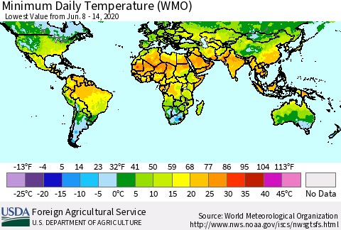 World Minimum Daily Temperature (WMO) Thematic Map For 6/8/2020 - 6/14/2020