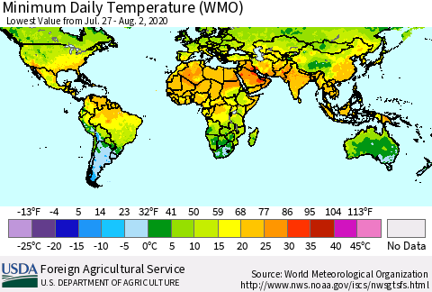 World Minimum Daily Temperature (WMO) Thematic Map For 7/27/2020 - 8/2/2020