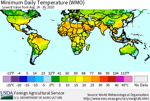World Minimum Daily Temperature (WMO) Thematic Map For 8/24/2020 - 8/30/2020