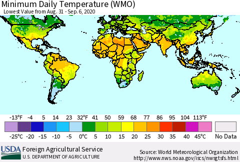 World Minimum Daily Temperature (WMO) Thematic Map For 8/31/2020 - 9/6/2020