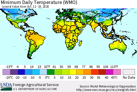 World Minimum Daily Temperature (WMO) Thematic Map For 10/12/2020 - 10/18/2020